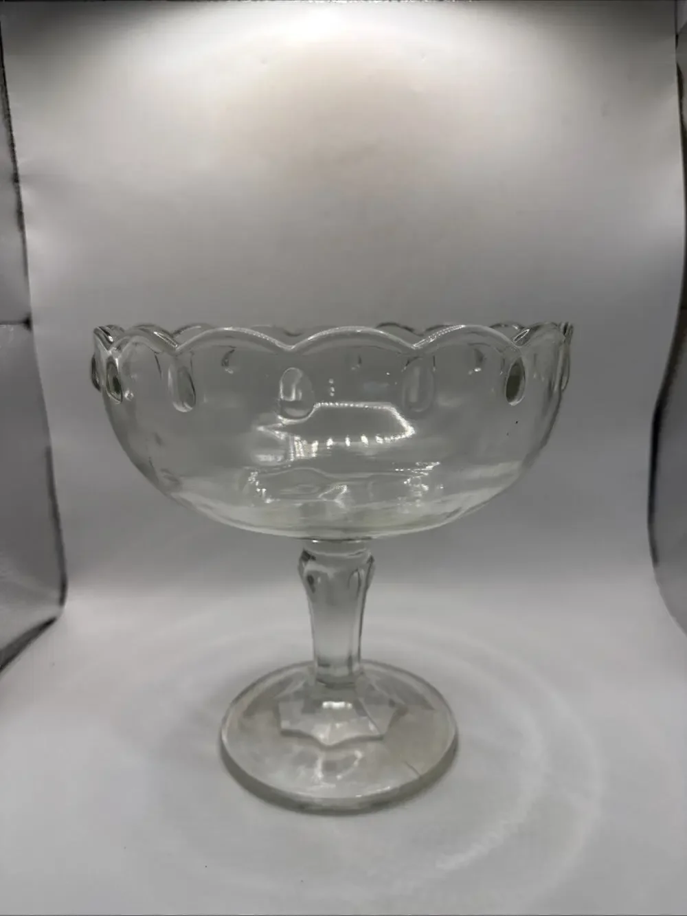 Vintage Clear Pressed Glass Pedestal Compote Bowl Scalloped Rim 7.5” *